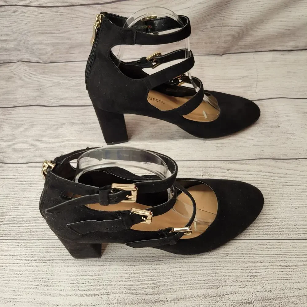 Chinese Laundry Black Suede Three Strap Mary Jane Pumps, 8.5